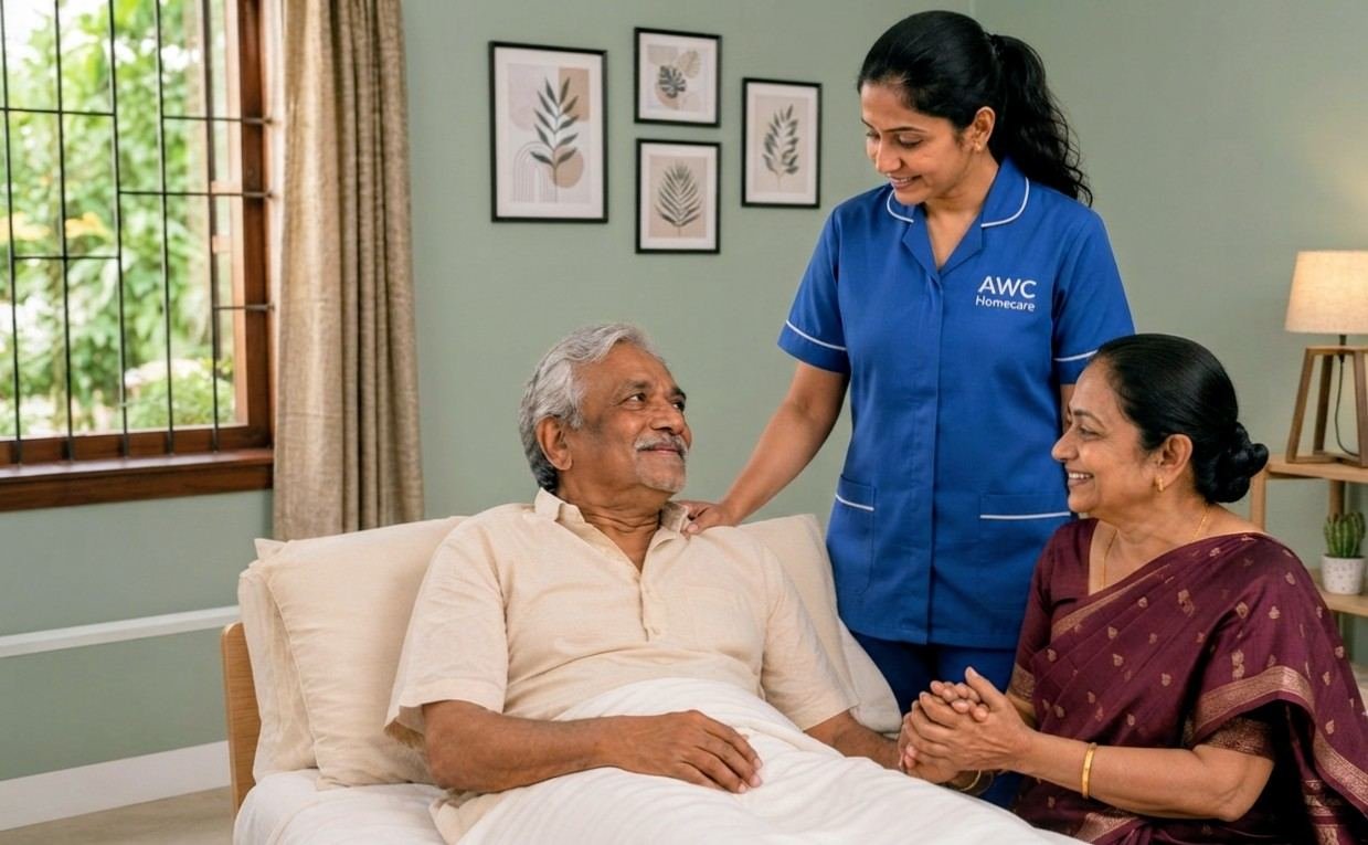 AWC Homecare nurse caring for an elderly couple at home in Chennai