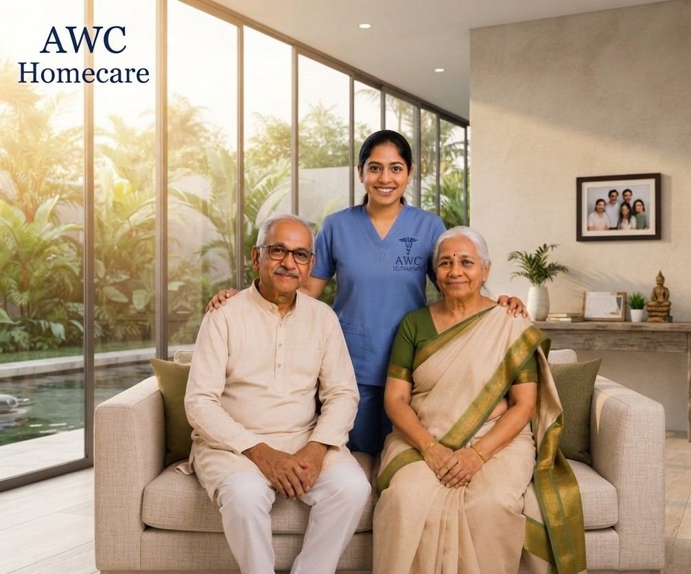 AWC Homecare caregiver with family in a Chennai home
